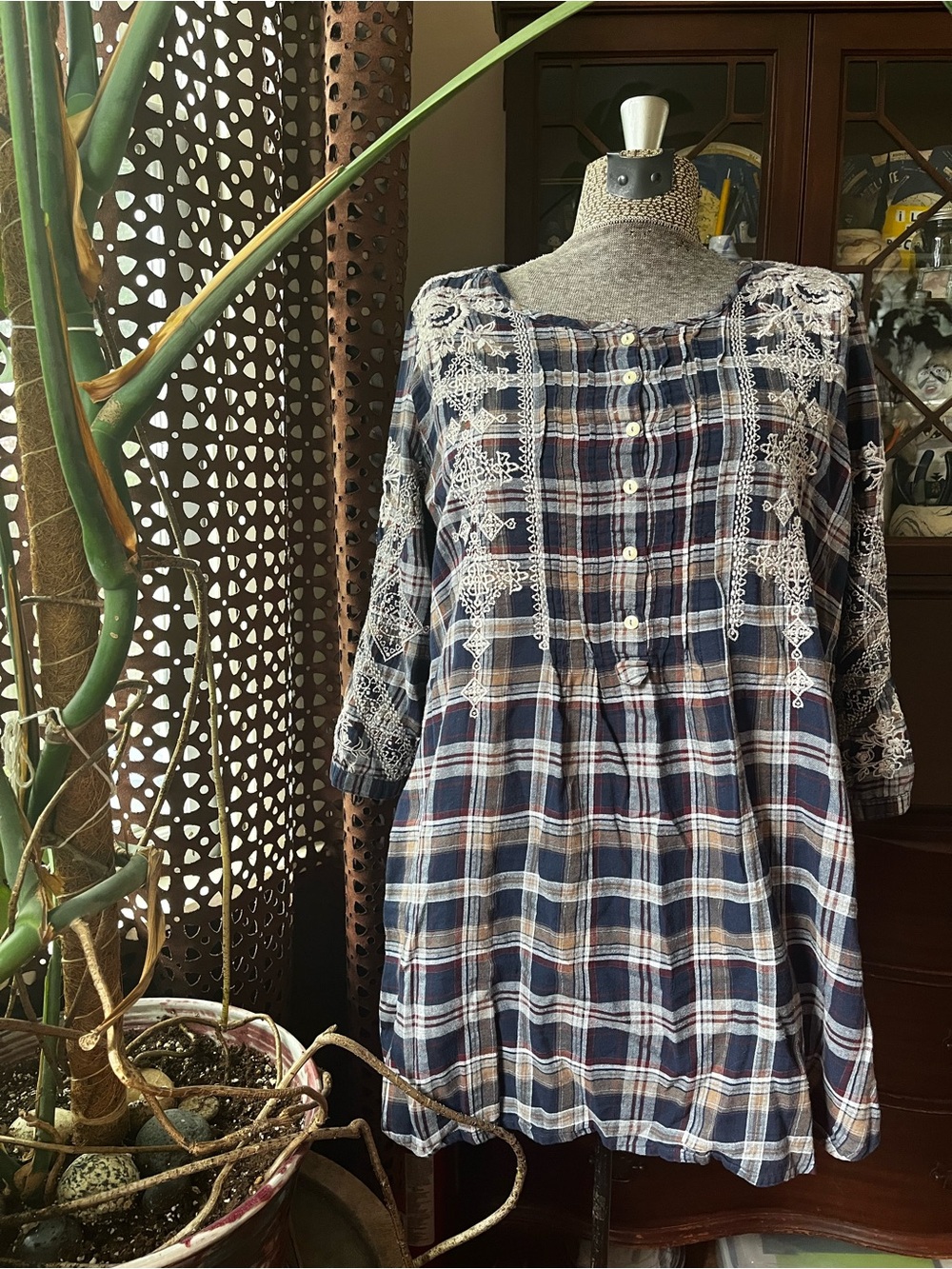 Johnny Was Navy, Cream & Burgundy Plaid Blouse